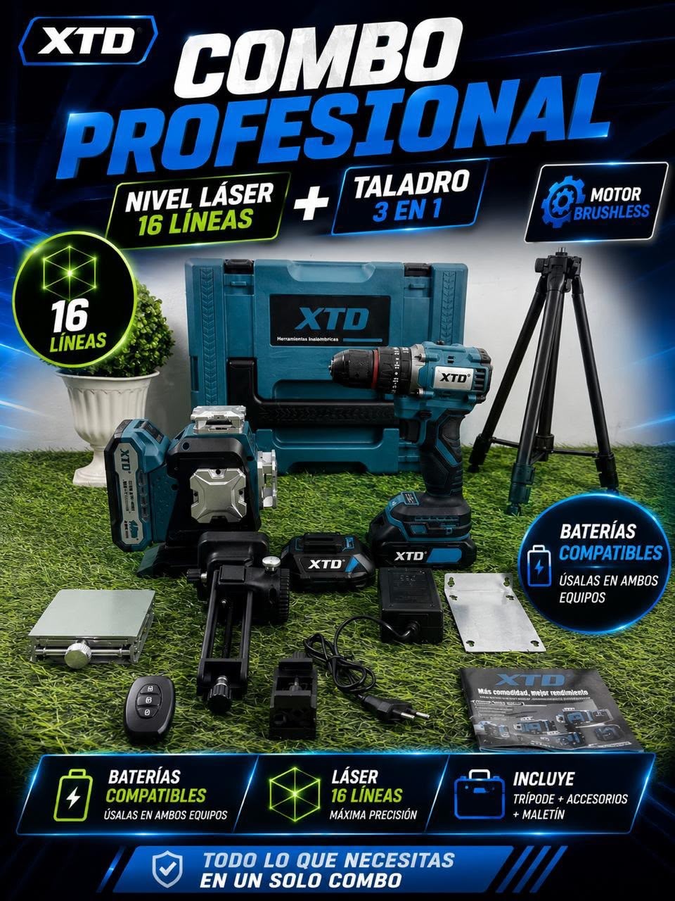 NIVEL LASER 4D VERDE 16 LÍNEAS + TALADRO